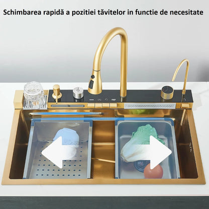 Chiuvetă Bucătărie Aurie Multifuncțională cu Afisaj LED și Sistem de Spălare Pahare, Auriu