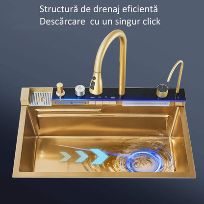 Chiuvetă Bucătărie Aurie Multifuncțională cu Afisaj LED și Sistem de Spălare Pahare, Auriu