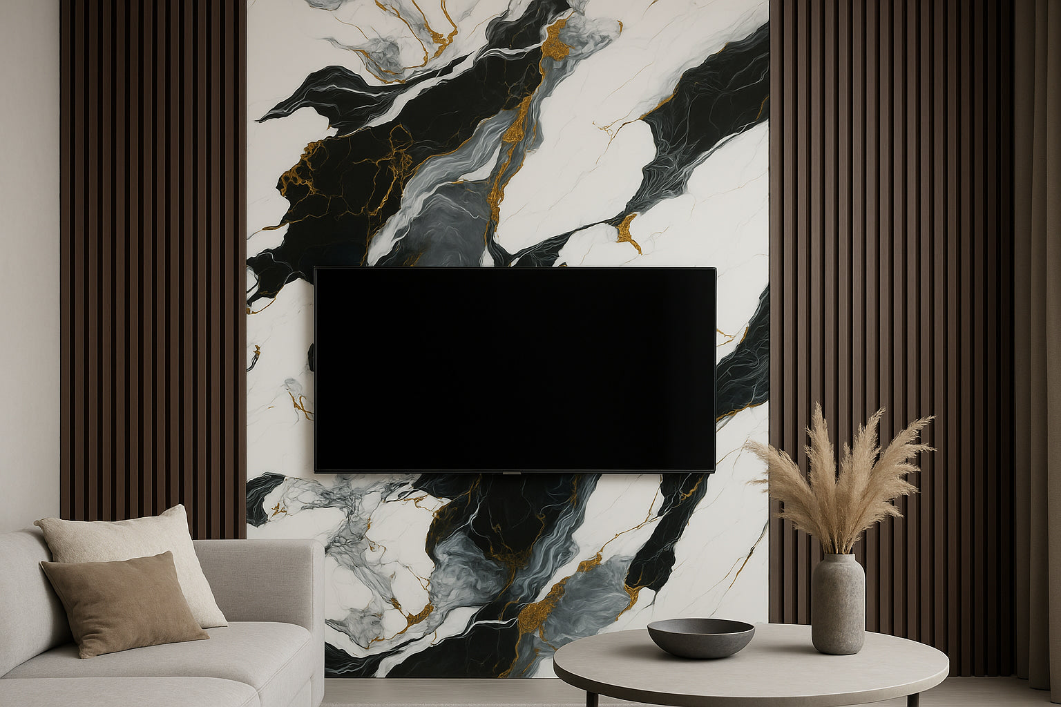 Placă Decorativă PVC – Golden Graphite Shine, Marmură Gri-Auriu