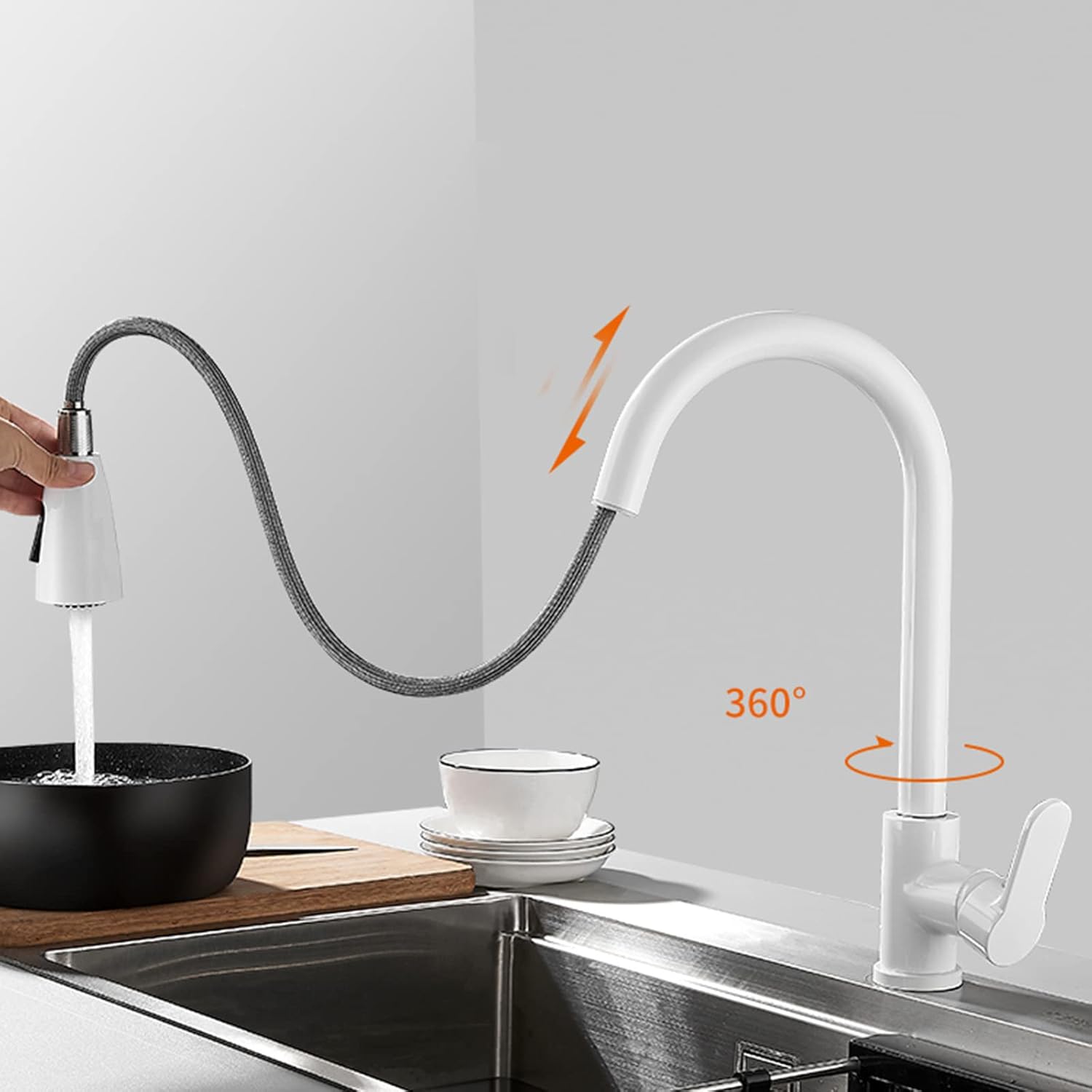 Baterie Bucătărie Telescopică Albă – Rotativă 360°, Duș Extractibil, Design Modern, vst53