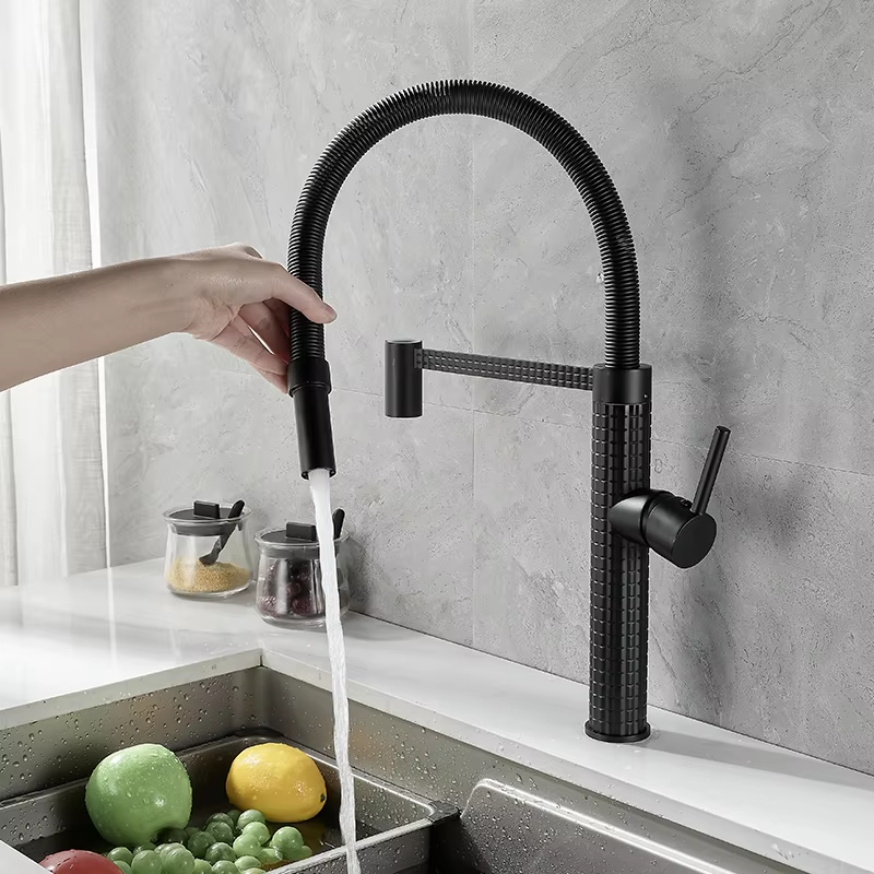 Baterie de bucătărie cu duș extractibil, pipă înaltă 49 cm, Negru, VST137