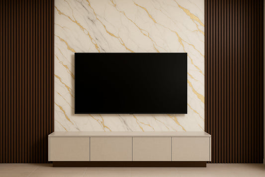 Placă Decorativă PVC – Soft Glow Shine, Marmură Albă cu Accente Galbene