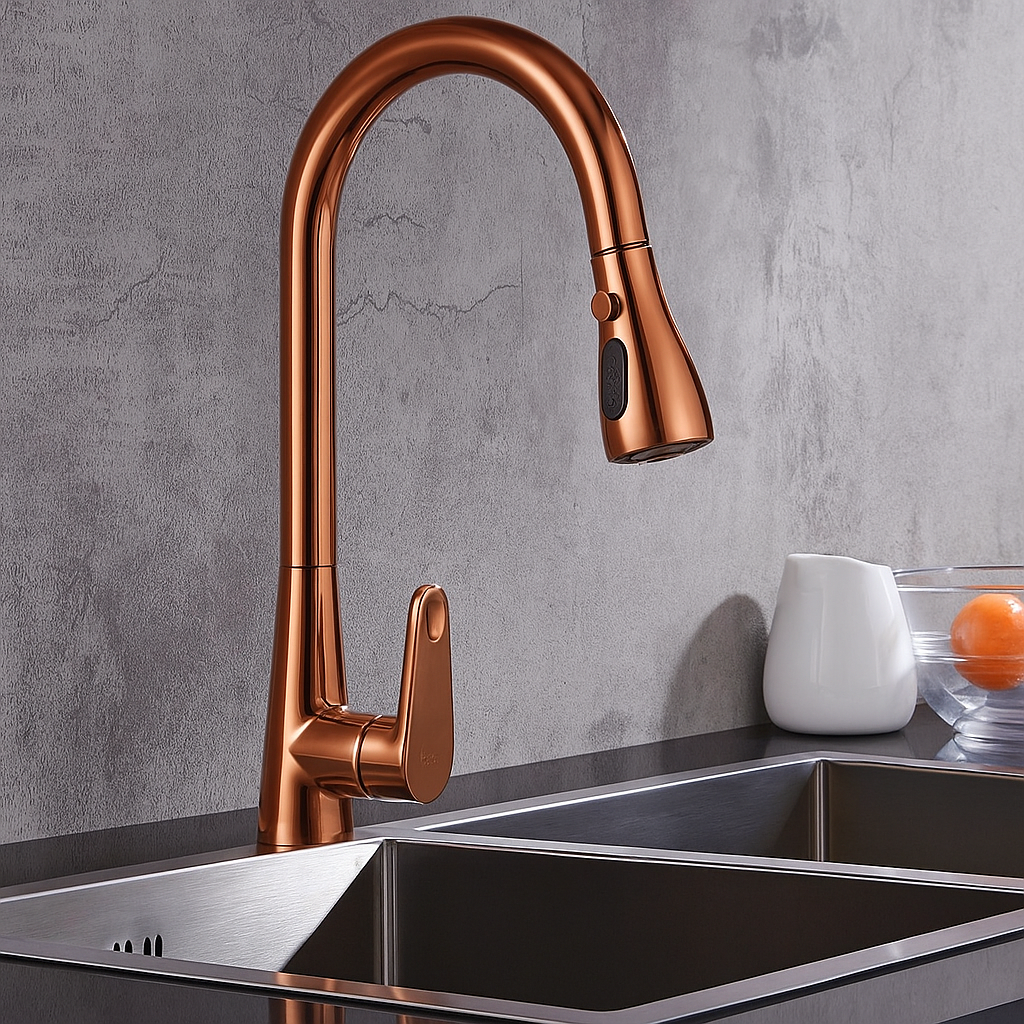 Robinet Bucătărie Rose Gold Retractabil – Design Modern cu Duș Extractibil, VST47