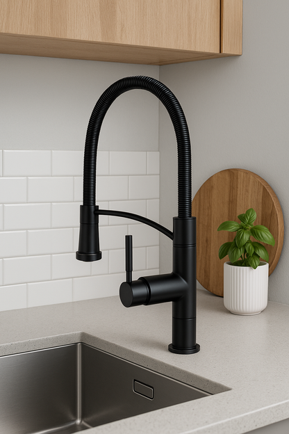Baterie Bucătărie Neagră Tip Industrial cu Furtun Flexibil – Design Modern și Practic, vst128