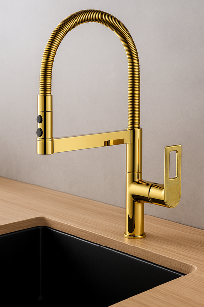 Baterie Bucătărie auriu 49 cm cu Duș Extractibil și Rotire 360° – Design Modern și Funcționalitate Superioară, vst58