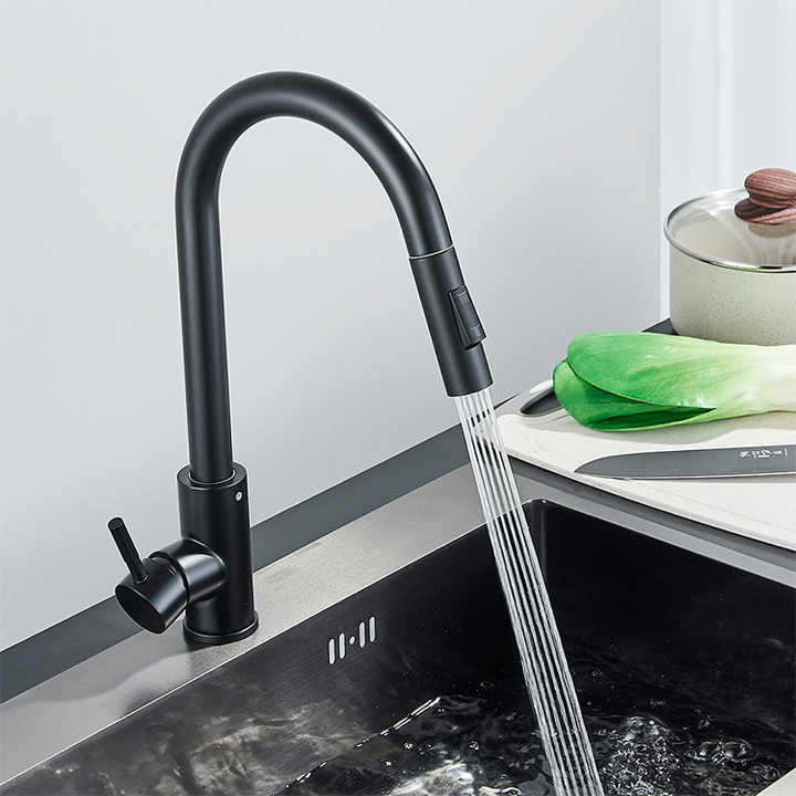Baterie de Chiuvetă pentru  Bucătărie  – Pipă Retractabilă, Rotativă 360°,  Negru, VST124