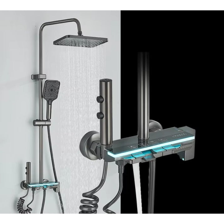 Coloană de Duș Modernă, Negru/Gri Antracit, 4 Funcții, Afișaj LCD, Banda LED