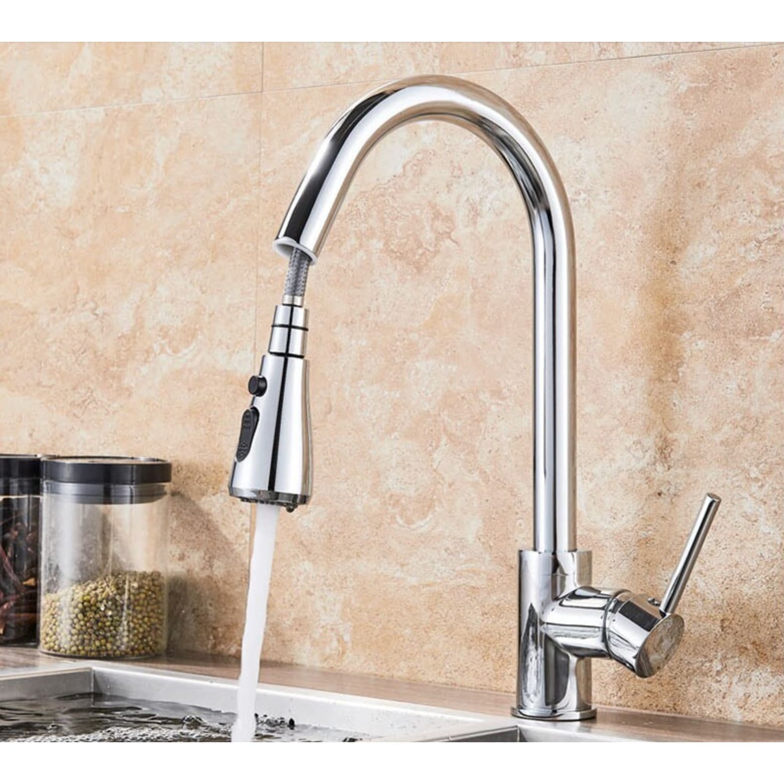 Baterie Chiuvetă Bucătărie Cromată – 2 Moduri de Curgere, Buton Pauză, Rotativă 360°, 43 cm, vst45