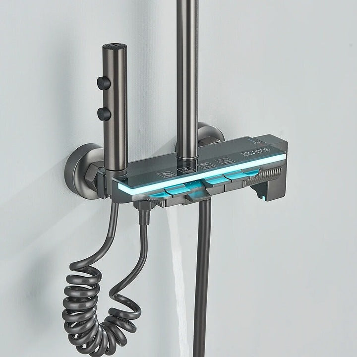 Coloană de Duș Modernă, Negru/Gri Antracit, 4 Funcții, Afișaj LCD, Banda LED