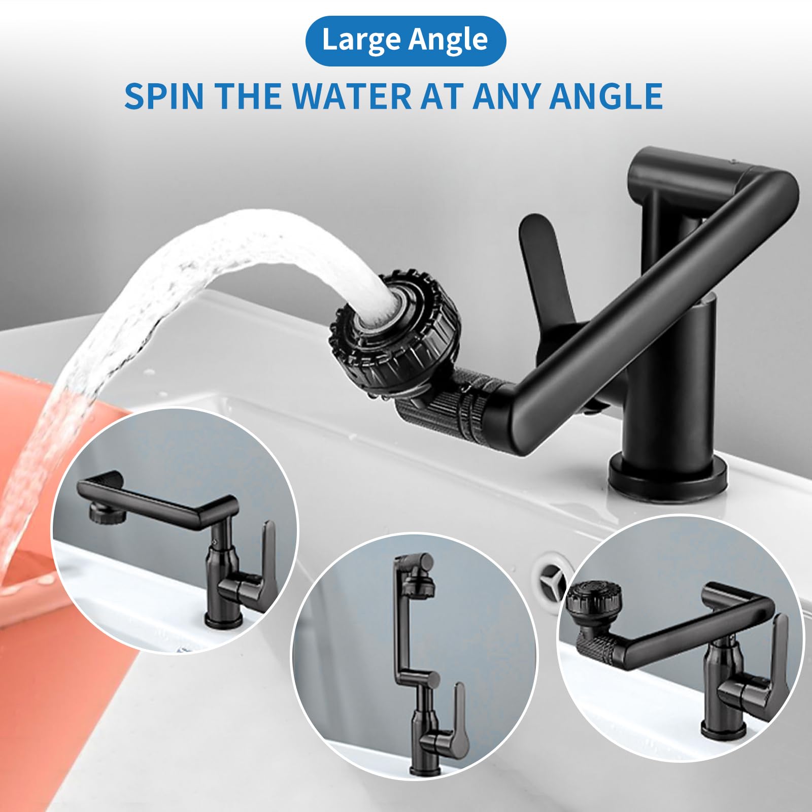 Robinet Baie Rotativ 1080°, 2 Moduri de Jet, Negru, Extensie Mecanică, Negru VST40